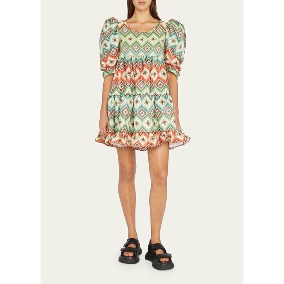 Autumn Adeigbo NWOT Multicolored Puff‎ Sleeve Tiered Mini Dress Women’s Size 0 - Picture 1 of 7